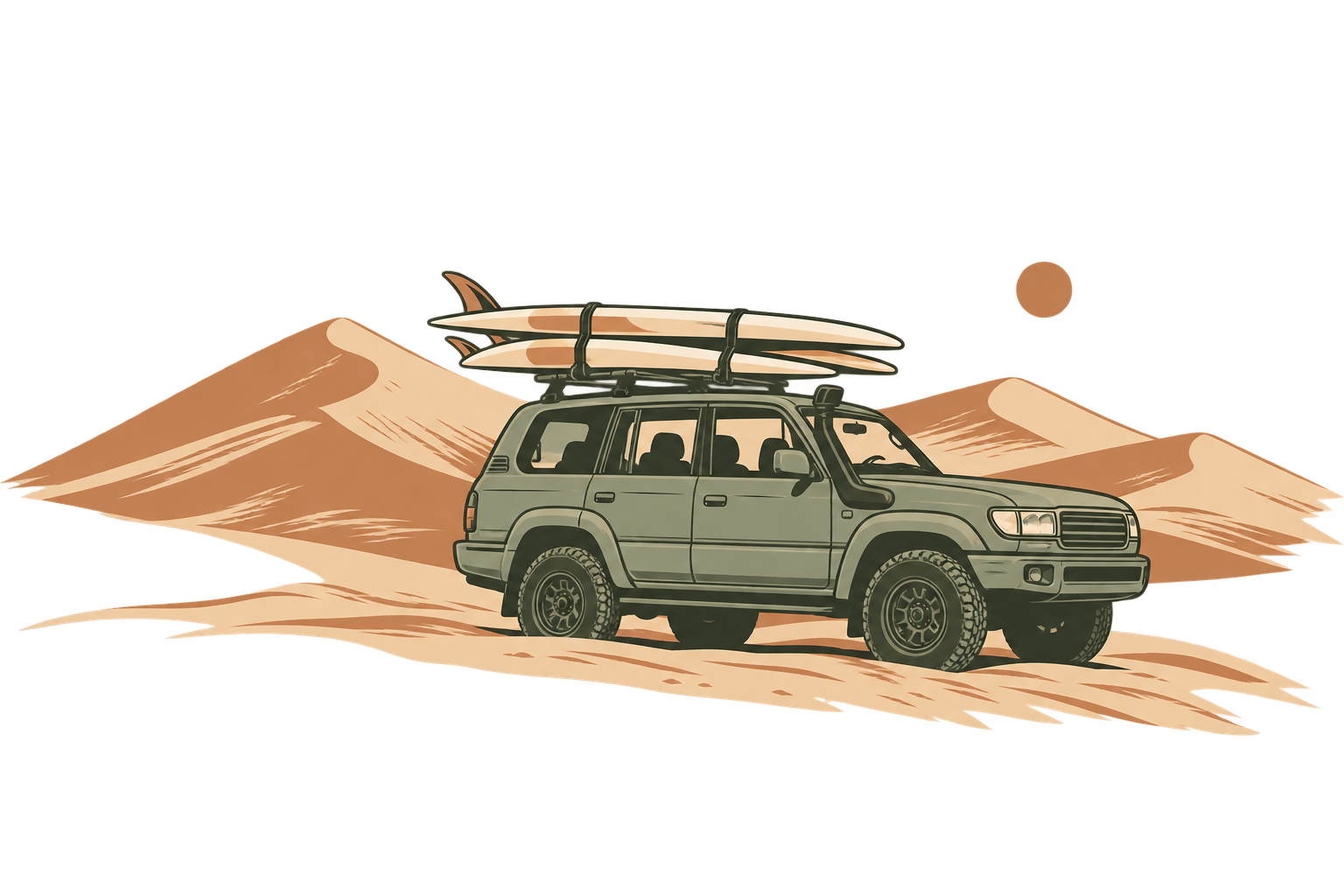 Illustration d’un 4×4 avec des planches sur le toit au milieu des dunes de Dakhla