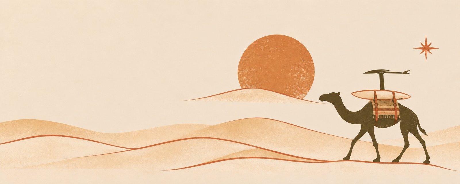 Paysage continu des dunes de Dakhla, avec un dromadaire transportant sa planche de wingfoil sous un soleil ocre